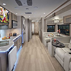 DynaQuest XL 37RB with Driftwood Cabinetry and Champagne decor is
shown with Optional Power Theater Seats.