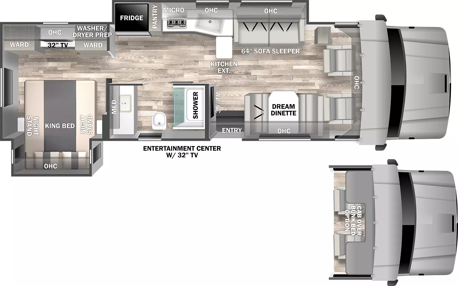 The 32KD has 2 slide outs, one entry door, and exterior TV on door side. Interior layout from front to back: Overhead cabinets above cockpit (cab over bunk option); off-door side slideout with sleeper sofa, overhead cabinets and kitchen with sink, extension countertop, microwave, stove, pantry and refrigerator; door side dream dinette, entry door, television, and side aisle full bathroom; rear bedroom with door side king bed slideout with night stands on either side and overhead cabinets, and off-door side wardrobes with washer/dryer prep, overhead cabinets and television 
