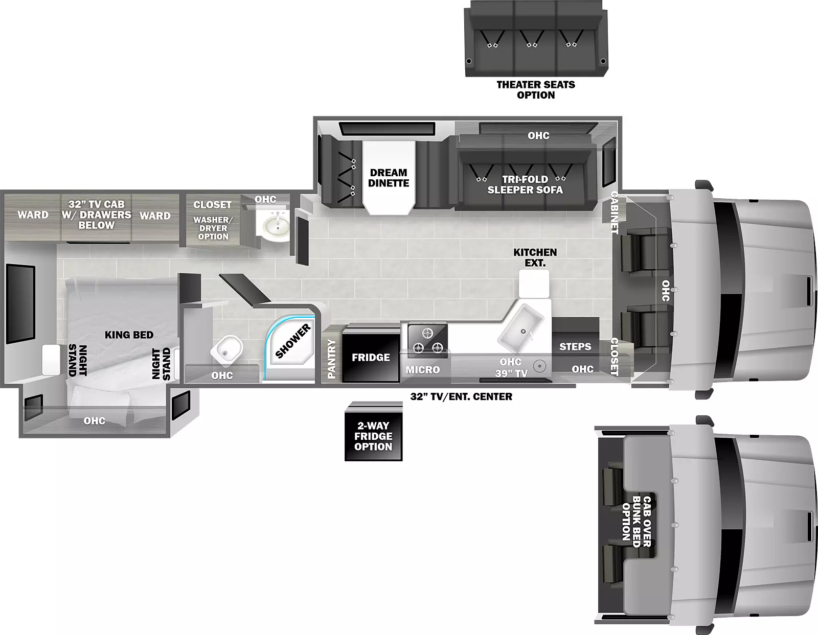 The 3400BD has 2 slide outs; 1 off-door side, 1 door side. Entry door, TV door side exterior.  Interior layout from front to back:  cab overhead cabinet; door side slide out with sofa sleeper, overhead cabinet, and dream dinette; off-door side bathroom sink, closet with washer/dryer option, wardrobe, tv cabinet drawers below; door side closet, entry steps, overhead cabinet, kitchen with double basin sink, kitchen counter extension, cook top stove, microwave, refrigerator, pantry, and side aisle bathroom shower and toilet; door side slide out king bed with overhead cabinets and nightstands on either side; optional three person theater seats in place of sleeper sofa, optional two-way refrigerator in place of standard refrigerator, and optional cab over bunk in place of overhead cabinets at front