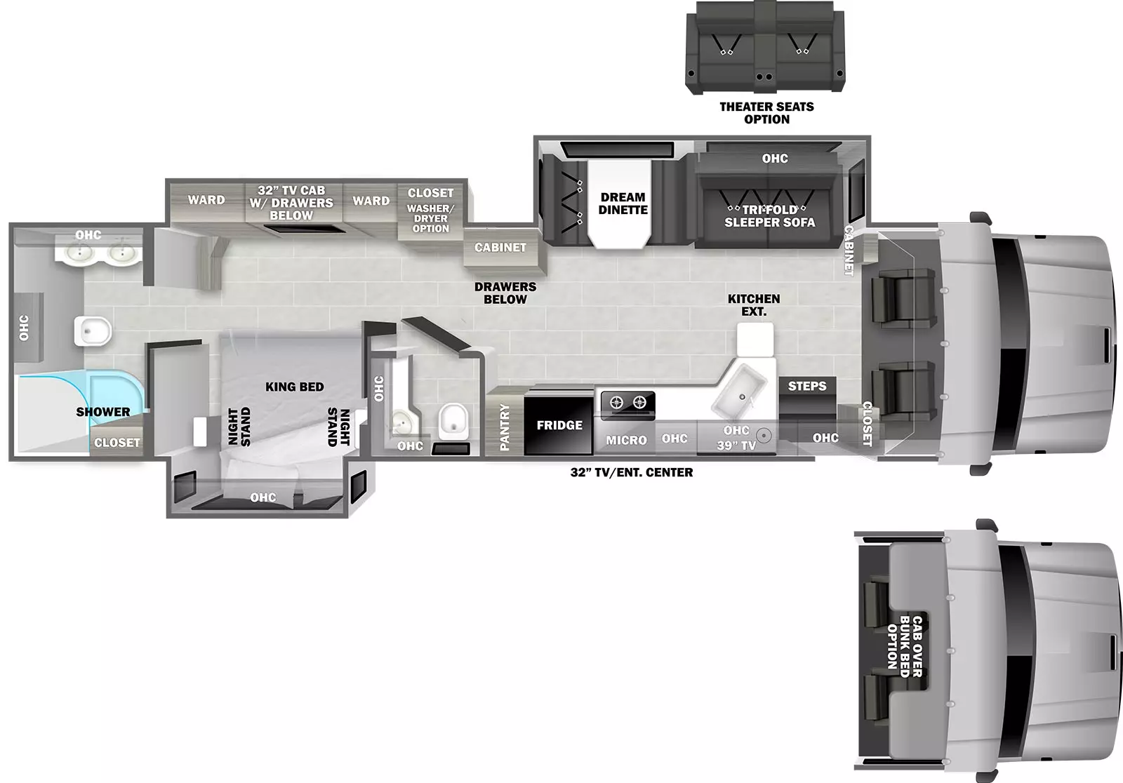 The 37RB has 3 slide outs; 2 off-door side, 1 door side.  Entry door and TV on door side exterior. Interior layout from front to back; cab overhead cabinets; off-door slide out with sleeper sofa, overhead cabinets and dream dinette; off-door slide out closet with washer/dryer option, tv cabinet with drawers and wardrobe; rear full bath; door side closet, entry steps, overhead cabinet, double basin sink, kitchen countertop extension; microwave, cook top stove, refrigerator, pantry and side aisle half bathroom; door side slide out with king bed with night stands on either side and overhead cabinets; optional theater seats in place of sleeper sofa, optional two-way refrigerator in place of standard refrigerator, optional cab over bunk bed in place of front overhead cabinets