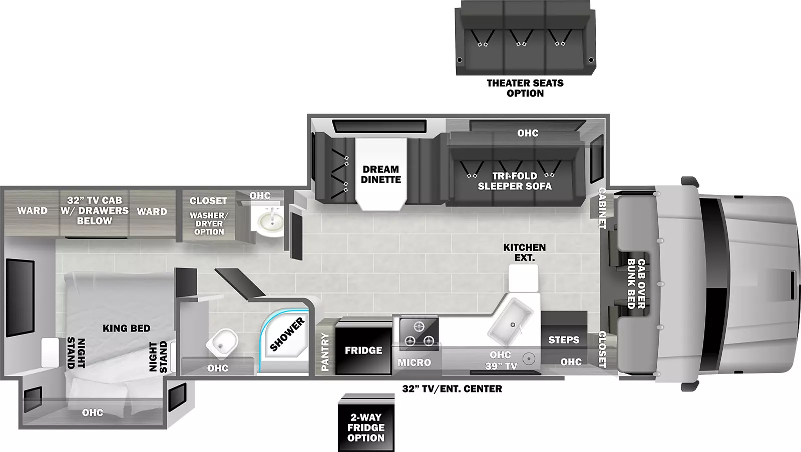 The 34KD has 2 slide-outs and one entry. Exterior features include a 32 inch TV/entertainment center. Interior layout front to back: front cab over bunk bed; off-door side slideout with tri-fold sleeper sofa, overhead cabinet, and dream dinette; door side closet, entry steps, overhead cabinets, TV, peninsula kitchen counter sink with extension, microwave, refrigerator and pantry; off-door side bathroom sink, overhead cabinet, closet with washer/dryer option, TV cabinet with drawers below and wardrobes on either side; door side shower and toilet with overhead cabinet in separate room; rear door side slideout with king bed, overhead cabinet and night stands on either side. Theater seats optional in place of sleeper sofa. Two-way refrigerator optional in place of standard refrigerator.