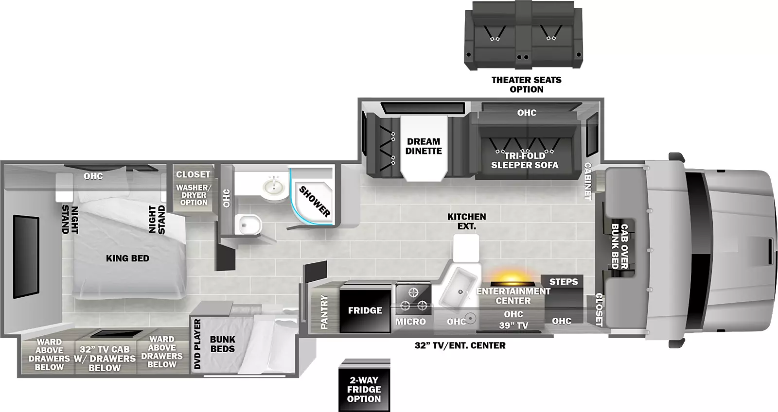 The 37BD has two slideouts and one entry. Exterior features include a TV/entertainment center. Interior layout front to back: front cab over bunk bed; off-door side cabinet and slideout with trifold sleeper sofa, overhead cabinet, and dream dinette; door side closet, entry, entertainment center with TV and overhead cabinet, peninsula kitchen counter with extension that wraps to microwave, refrigerator and pantry; off-door side full bathroom with overhead cabinet; door side slideout with bunk beds with DVD player, TV cabinet with drawers below and wardrobes above with drawers below on either side; off-door side rear closet with washer/dryer prep option, and king bed with overhead cabinet and night stands on either side. Theater seats optional in place of tri-fold sleeper sofa. Two-Way refrigerator optional in place of standard refrigerator.